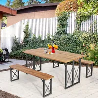 3 Pcs Outdoor Acacia Wood Patio Dining Table Bench Set With 2" Umbrella Hole