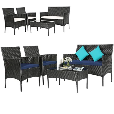 4pcs Patio Wicker Furniture Set Coffee Table Cushions W/off White & navy cover