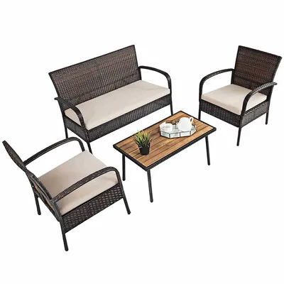 4pcs Patio Rattan Furniture Set Outdoor Conversation Set Coffee Table W/cushions