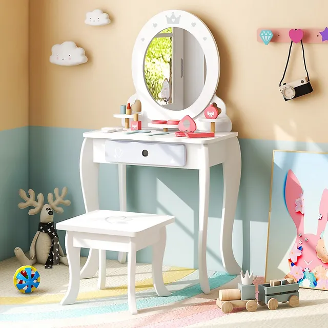 Costway Kids Vanity Set Makeup Table & Chair Sweet Accessories Included  Storage Drawer