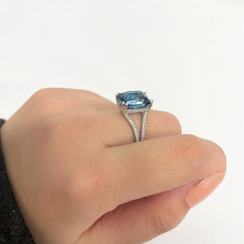 10k White Gold 8.15 Ct Blue Topaz Gemstone & 0.48 Cttw Canadian Diamond Ring