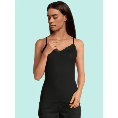 Women's Lettuce Edge Ribbed Wool & Silk V-neck Camisole Top With Lace