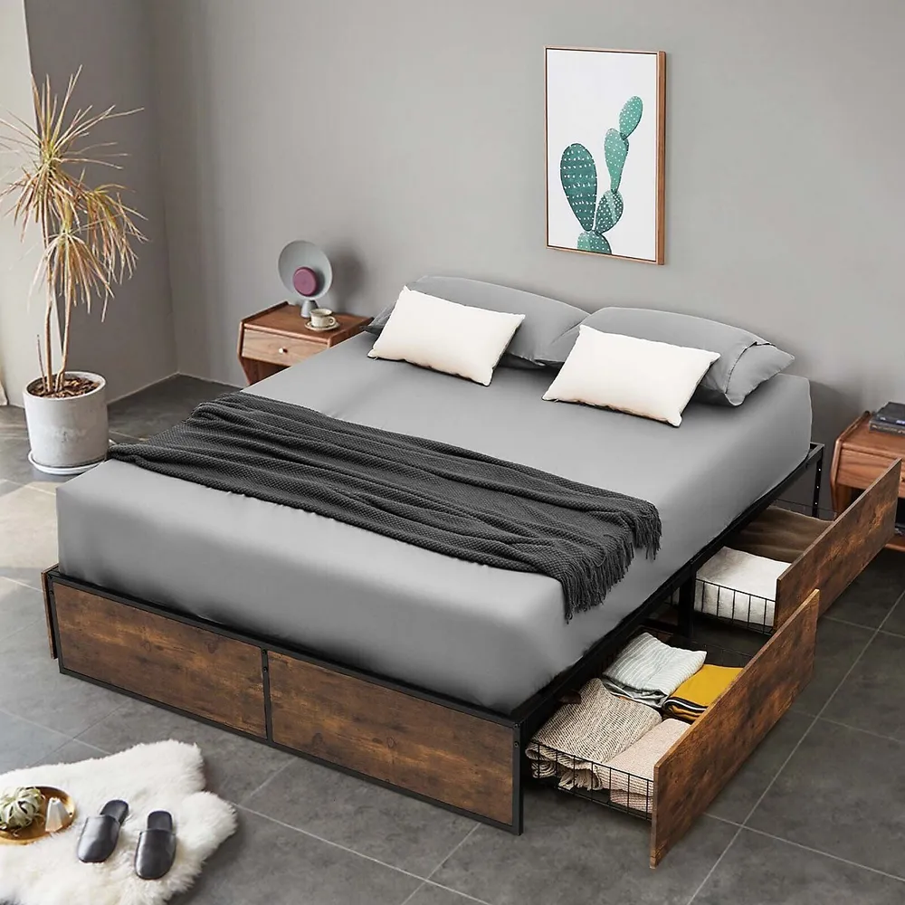 Full/queen Industrial Platform Bed Frame With 4 Drawers Storage Mattress Foundation
