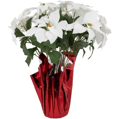 22" White Artificial Christmas Poinsettia Flowers With Red Wrapped Base
