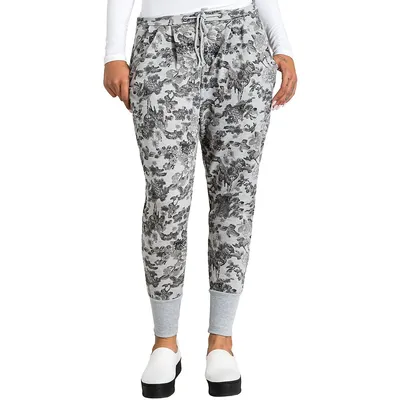 Curvy Floral Printed Heather Grey French Terry Jogger Pants