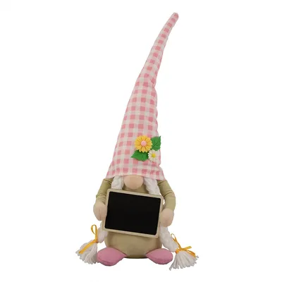 16" Gingham Plaid Springtime Gnome With Chalkboard