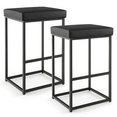 30" Barstools Set Of 2 Upholstered Bar Height Chairs Pu Leather W/footrest Brown/black/grey