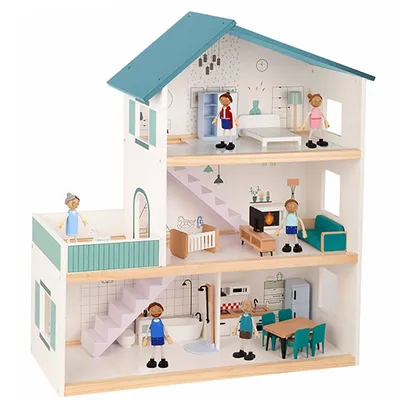Wooden Dollhouse Play Set - 31pcs - 6 Dolls And Furniture Included, Ages 3+