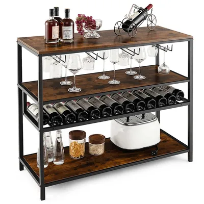 Rustic Wine Rack Table 13 Bottles Wine Bar Cabinet Freestanding With Glass Holder