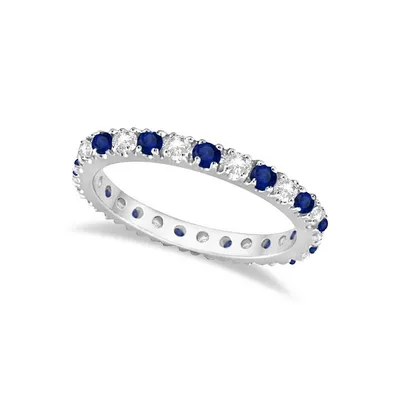 Diamond And Blue Sapphire Eternity Band Ring Guard 14k White Gold (0.51ct)