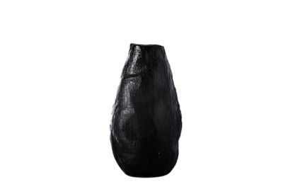 Ceramic Round Bellied Vase With Irregular Lip And Bumpy Design Body Sm Matte Finish Black