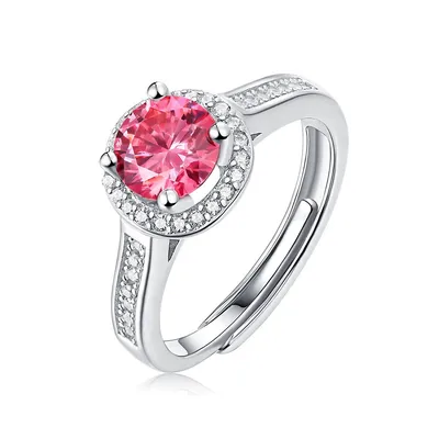 Sterling Silver with 1ctw Fancy Pink & White Lab Created Moissanite Halo Engagement Anniversary Adjustable Ring