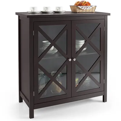 Kitchen Buffet Sideboard Storage Cabinet W/glass Doors & Adjustable Shelf Whitebrown