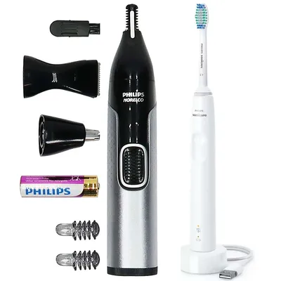 Sonicare 3100 Rechargeable Electric Toothbrush, White Hx3681/03 + Norelco Precision Trimmer Kit 5000 For Nose, Ears, Brows And Detail - Ultimate Comfort And Fully Washable