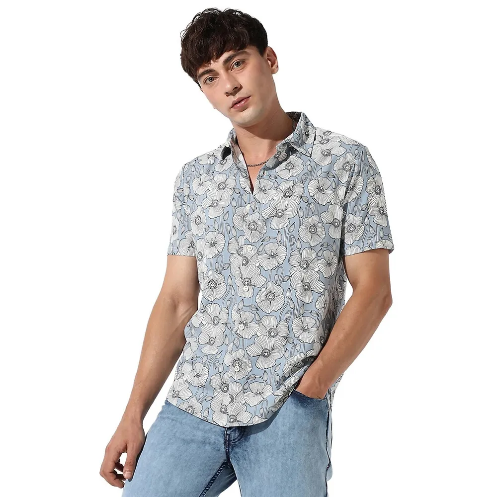 Men's Botanical Print Button Up Shirt