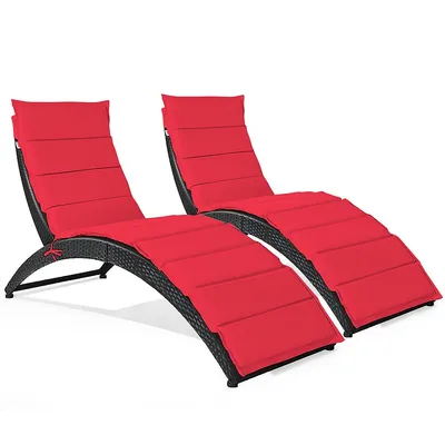 2pcs Folding Patio Rattan Lounge Chair Chaise Cushioned Portable Garden Lawn Red