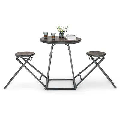 3-piece Bar Table Set Round Pub Dining Table & 2 Foldable Stools W/ Metal Frame