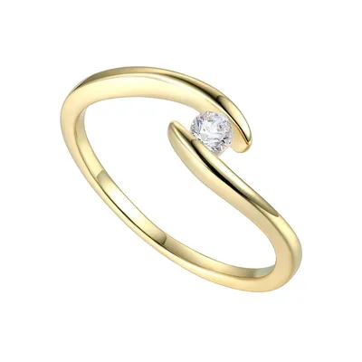 Sterling Silver 14k Yellow Gold Plated With 0.10ctw Lab Created Moissanite Promise Engagement Stacking Wavy Bypass Minimalistic Ring
