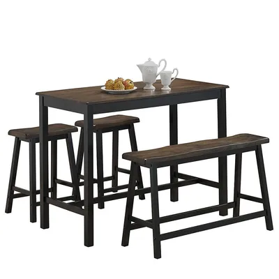4 Pcs Solid Wood Counter Height Table Set W/ Height Bench & 2 Saddle Stools