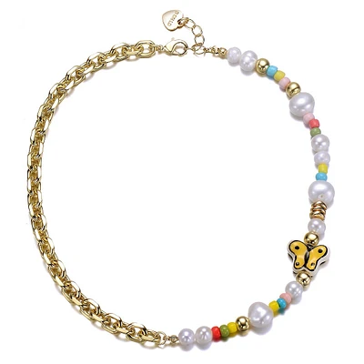 Kids 14k Gold Plated Multi Color Beads With Freshwater Pearls And A Butterfly Charm Necklace