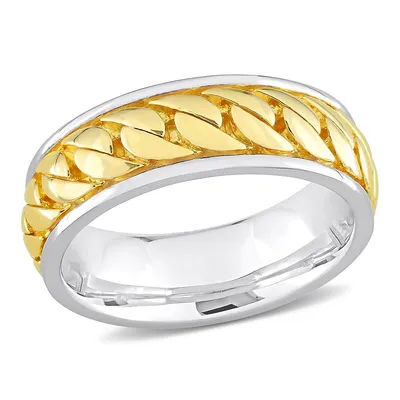 Men's Ribbed Design Ring Sterling Silver With Yellow Gold Plating
