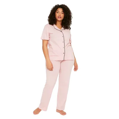 Woman Unifarben Knit Shirt-trousers Plus Pajamas Set