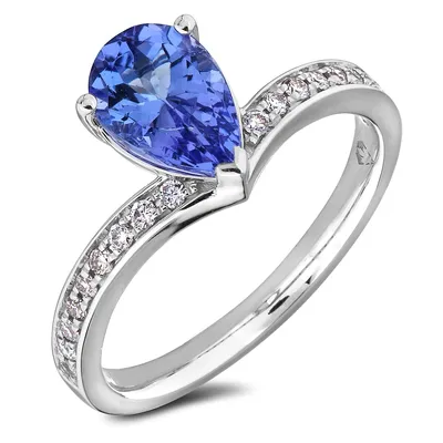 14k White Gold 1.86 Ct Pear Shaped Sapphire & 0.18 Cttw Canadian Diamond Ring
