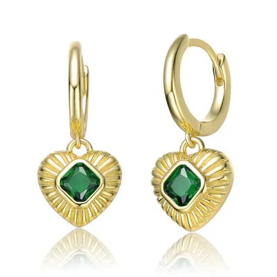 Sterling Silver 14k Yellow Gold Plated With Emerald Cubic Zirconias Dangle Heart Huggie Hoop Earrings