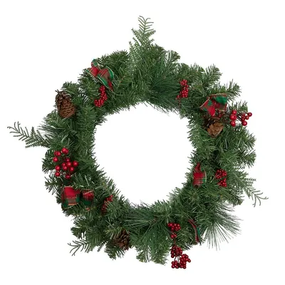 Pine Cones And Berries Artificial Christmas Wreath With Ribbon, 24-inch, Unlit