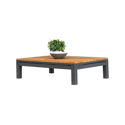 Bordeaux Outdoor Patio Aluminum Metal Coffee Table With Acacia Wooden Top In Grey And Natural