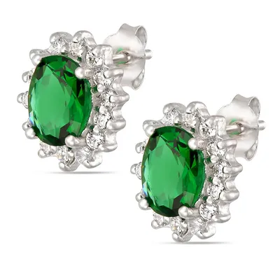 Sterling Silver Oval Emeraldcz Framed With Cubics Stud Earring