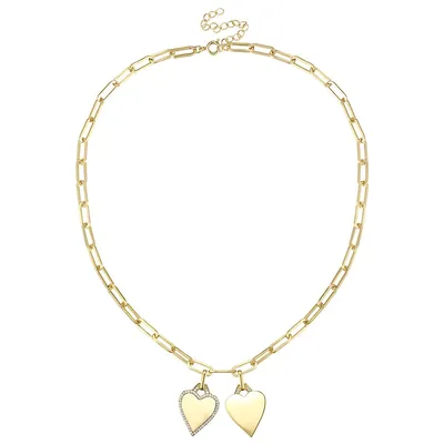 Kids/teens 14k Yellow Gold Plated With Cubic Zirconia Double Heart Charm Necklace