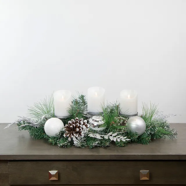 Northlight 30 Green Pine And Needle Triple Candle Holder With Pinecones  And Christmas Ornaments