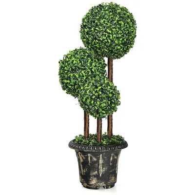 36" Artificial Topiary Triple Ball Tree Indoor Outdoor Uv Resistant