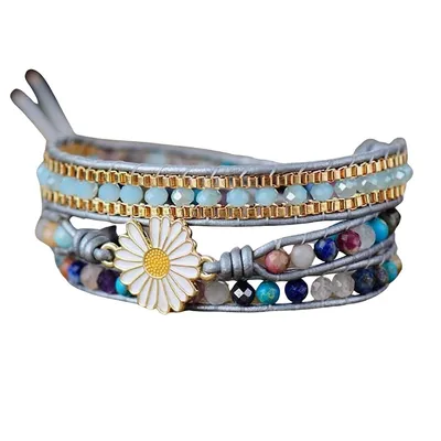 Handmade Blue Purple Gemstone Wrap Bracelet With White Daisy