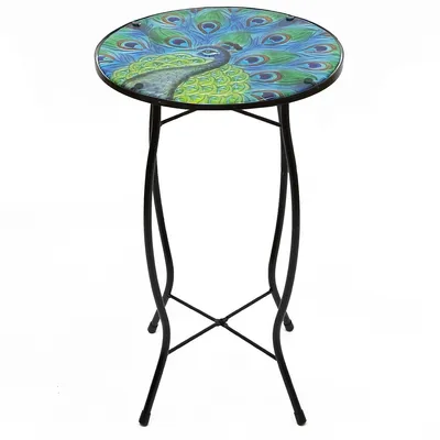 19" Blue And Green Peacock Glass Patio Side Table