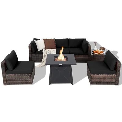 7pcs Patio Rattan Furniture Set Fire Pit Table Cover Cushion