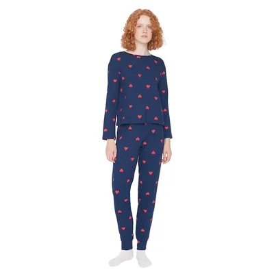 Women Heart Knitted T-shirt-trousers Pajama Set