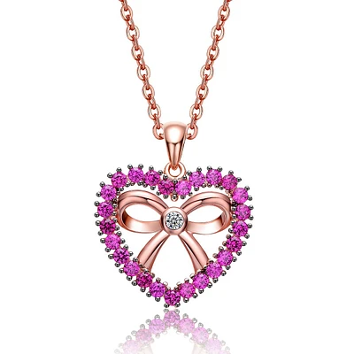 Teens 18k Rose Gold Plated Heart Shaped Pendant Necklace With Clear Cubic Zirconia For Kids/girls