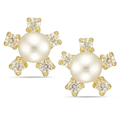 10kt Yellow With Pearl And Cz Stud Earrings
