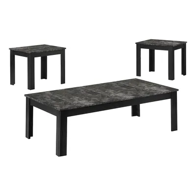 Table Set, 3pcs Set, Coffee, End, Side, Accent, Living Room, Laminate, Grey Marble Look, Black, Transitional
