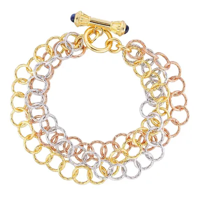 18kt Gold Plated 8" 3 Strand Tri Color With Fancy Toggle Clasp Bracelet