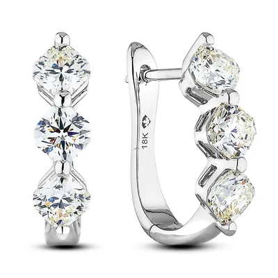 18k White Gold Ideal Cut Canadian Certified Diamond 3 Stone Trilogy Hoop Earrings