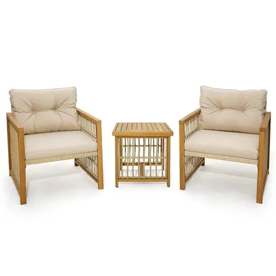 3-piece Patio Pe Wicker Conversation Set Acacia Wood Frame Withseat & Back Cushions