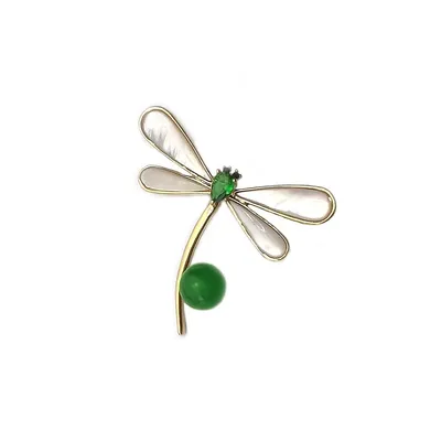 Green Chalcedony Jade Bead With Shell Dragonfly Brooch