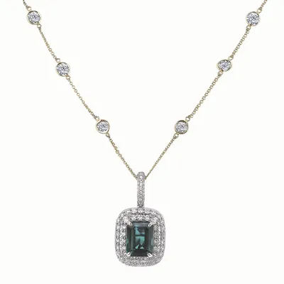 18k Two-toned Gold 5.78 Ct Green Sapphire & 2.24 Cttw Diamond Halo Pendant And Chain Necklace