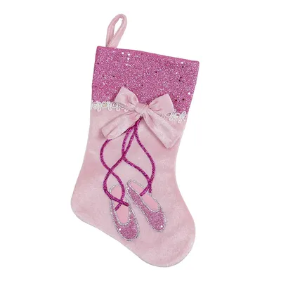 14" Pink And Silver Ballerina Shoes Christmas Stocking With Glitter Cuff And Bow