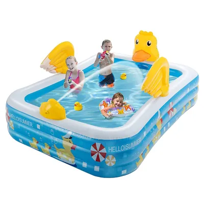 Inflatable Swimming Pool Duck Themed Kiddie Pool W/ Sprinkler For Age 3+