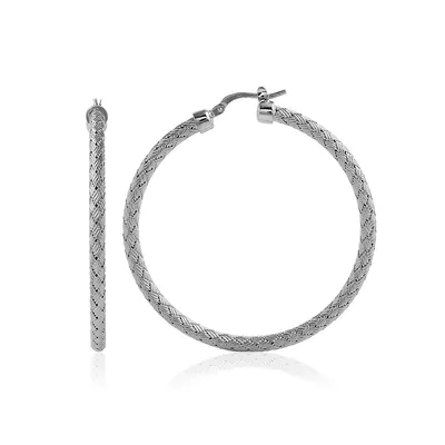 Milan Sterling Silver Rhodium Plated Woven Hoop Earring With Cubic Zirconia