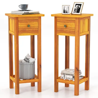 2pcs Solid Wood Side Table With Acacia Wood Top Drawer & Open Shelf Small Nightstand